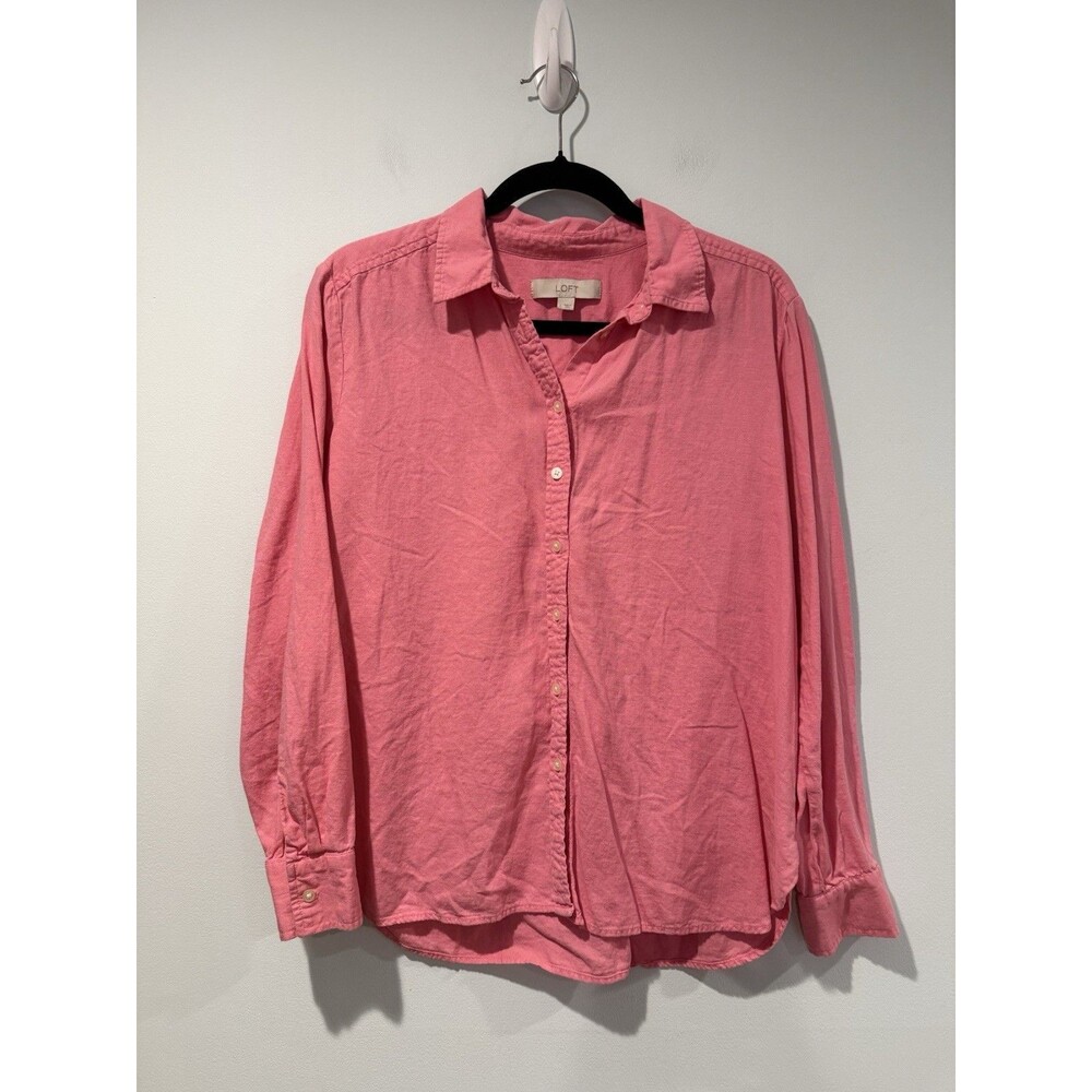 Loft Button Up Top Womens Large Pink Linen Cottage Work Vacation Travel Minimal